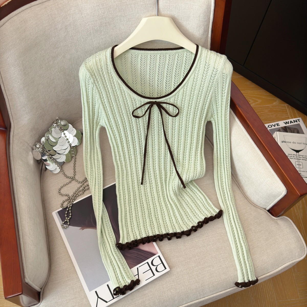 Women's Color Block Knit Top with Tie Detail Long Sleeve Fall 2026 - Style 3bede6