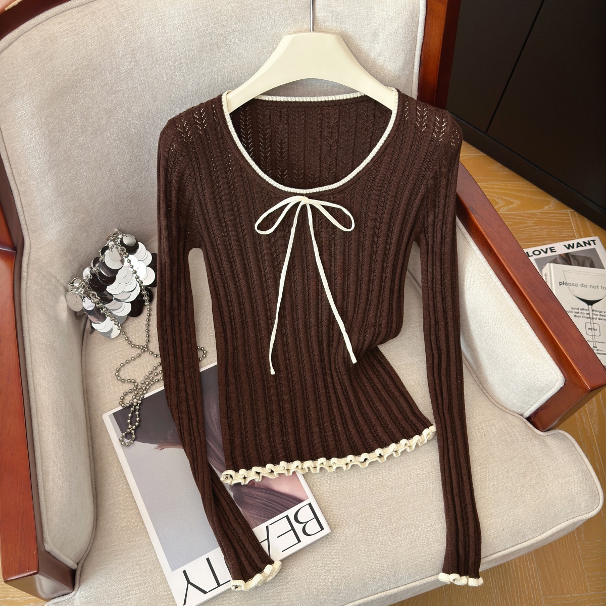 Women's Color Block Knit Top with Tie Detail Long Sleeve Fall 2026 - Style 3bede6 - Image 2