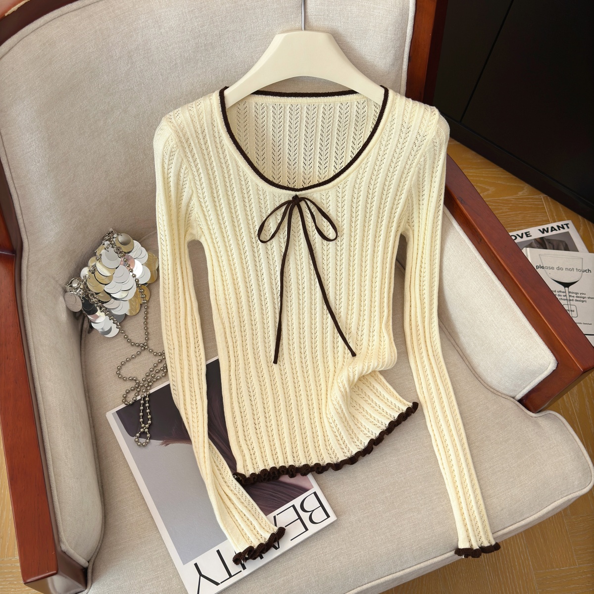 Women's Color Block Knit Top with Tie Detail Long Sleeve Fall 2026 - Style 3bede6 - Image 4