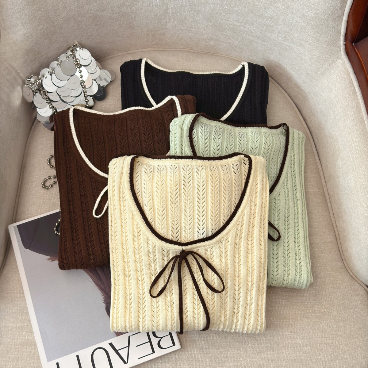 Women's Color Block Knit Top with Tie Detail Long Sleeve Fall 2026 - Style 3bede6 - Image 5