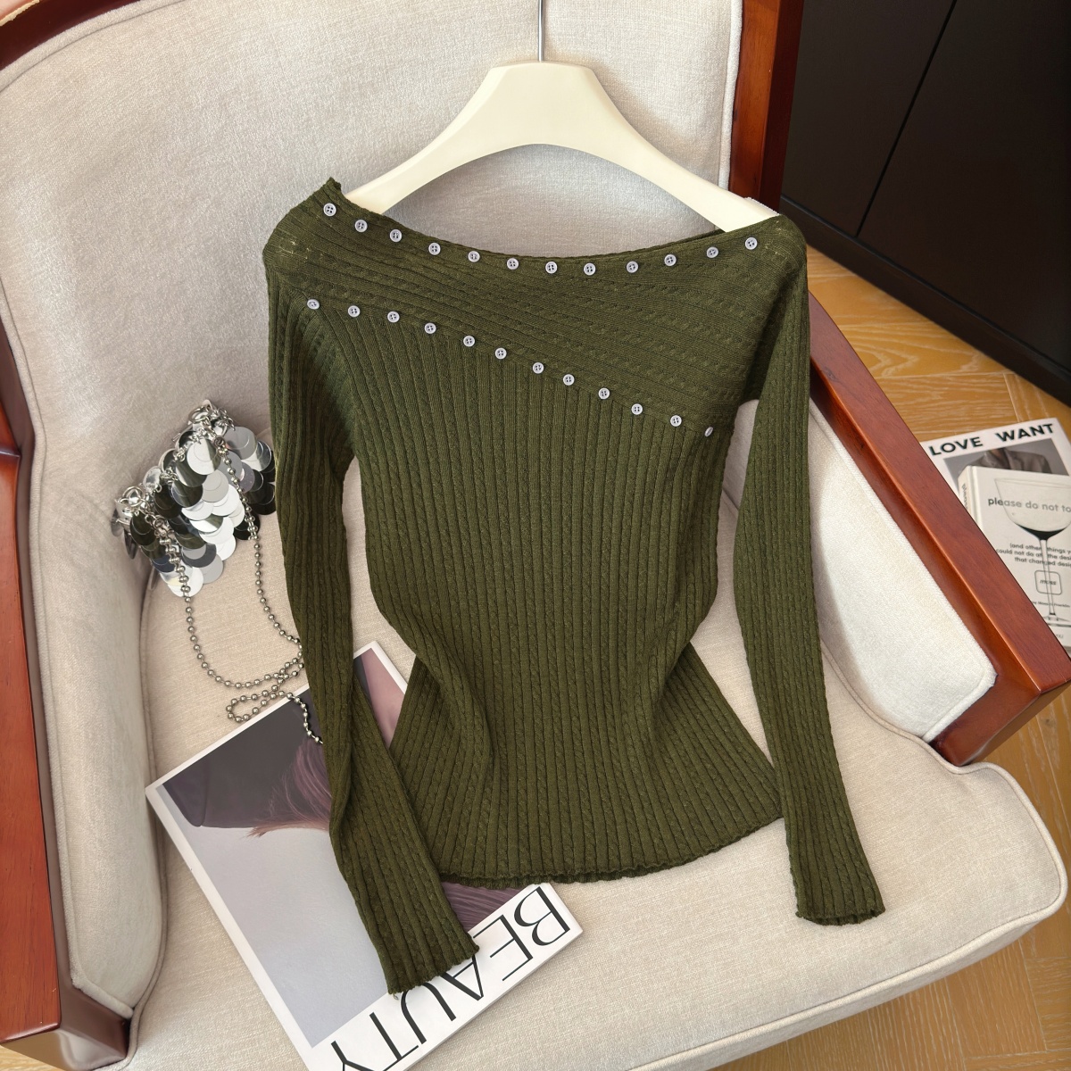 Korean Off-Shoulder Knit Top for Women Fall Design Asymmetric Neckline Long Sleeve - Image 2