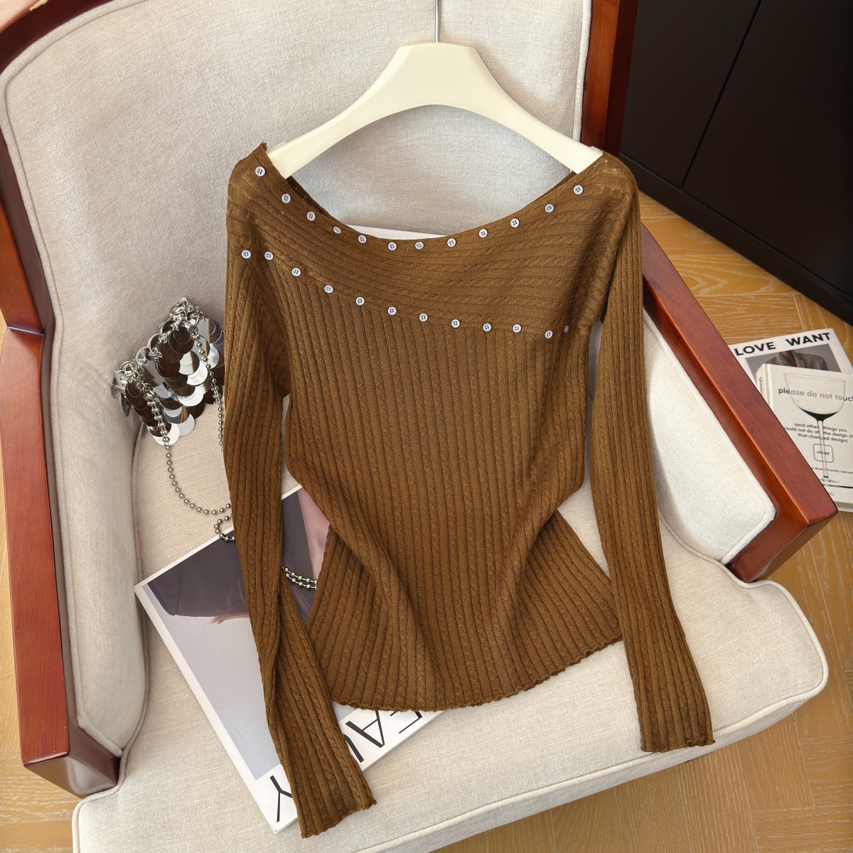 Korean Off-Shoulder Knit Top for Women Fall Design Asymmetric Neckline Long Sleeve - Image 3