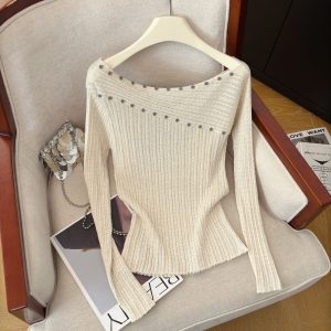 Korean Off-Shoulder Knit Top for Women Fall Design Asymmetric Neckline Long Sleeve
