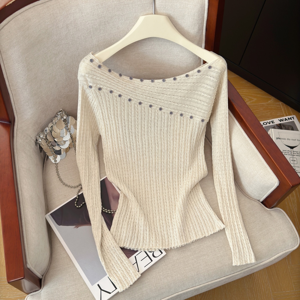 Korean Off-Shoulder Knit Top for Women Fall Design Asymmetric Neckline Long Sleeve