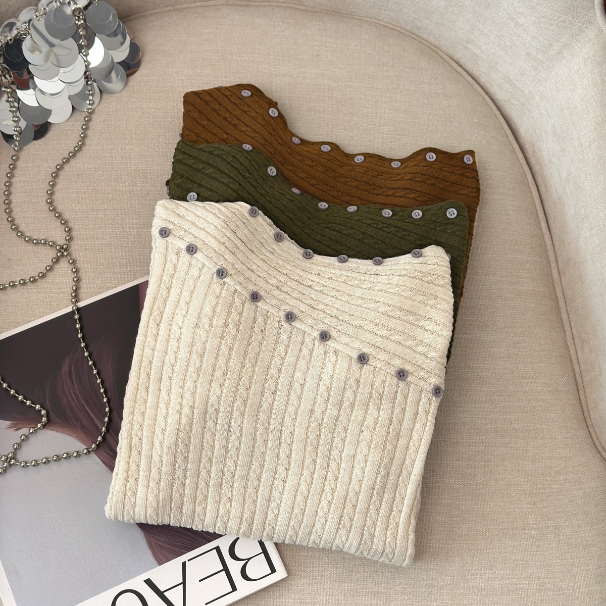 Korean Off-Shoulder Knit Top for Women Fall Design Asymmetric Neckline Long Sleeve - Image 5